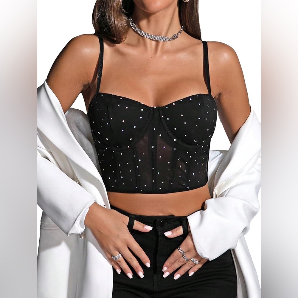 Black mesh corset top SHEIN with rhinestone details